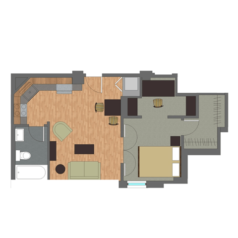 Floor plan for 1 bed, 1 bath, 507 sqft